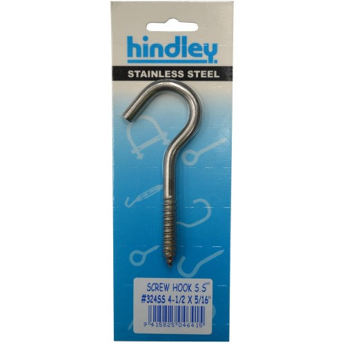 Heavy-duty stainless steel screw hooks, 4 x 5/16, ideal for versatile indoor and outdoor hanging applications.