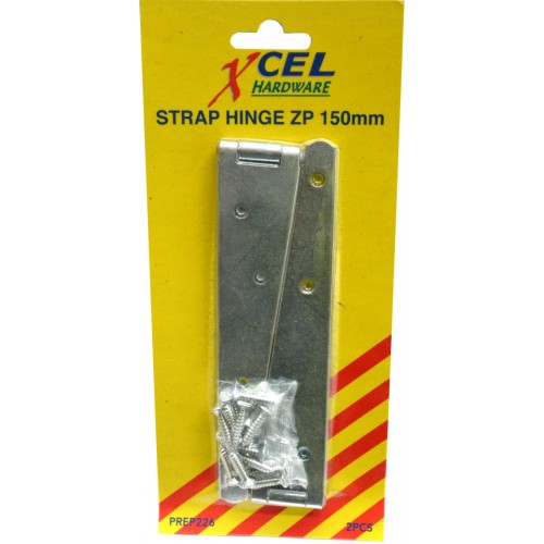 Zinc-plated 150mm strap hinges for durable, reliable support in doors and gates, featuring staggered screw holes for stability.