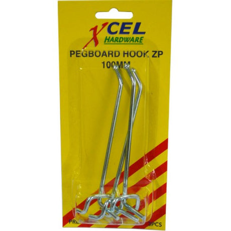 Durable 100mm pegboard hook with zinc-plated finish for easy organization of tools and accessories.