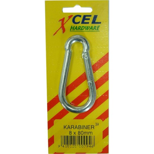 Durable 8mm zinc-plated pear-shaped karabiner for versatile fastening needs in workshops and outdoor tasks.