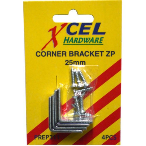 Zinc-plated corner brackets, 25mm, with screws for easy installation, ideal for reinforcing furniture and shelving.