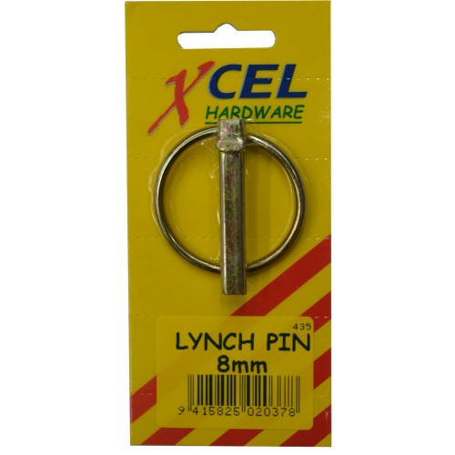 Spring-loaded 8mm Lynch Pin with zinc plating, for secure fastening in agricultural and industrial applications.