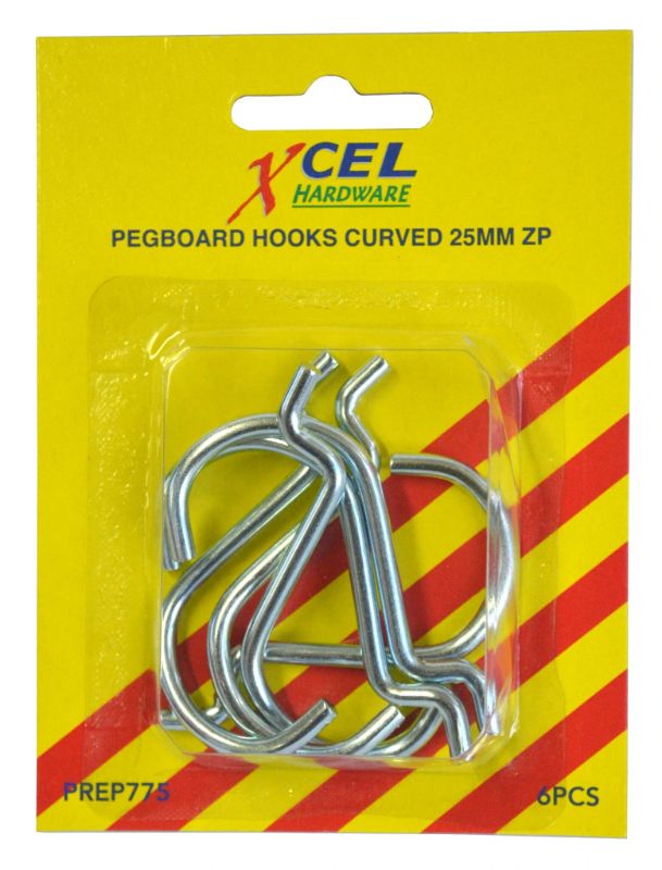 Curved pegboard hooks, 25mm, set of 6 for organized storage of tools and craft materials.