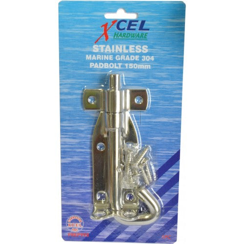 Stainless steel padbolt measuring 150x12mm, ideal for securing gates and doors with corrosion resistance and durability.