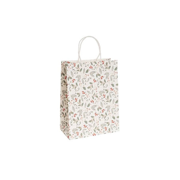 Kraft Paper Bag Med Xmas Holly White Pk10.