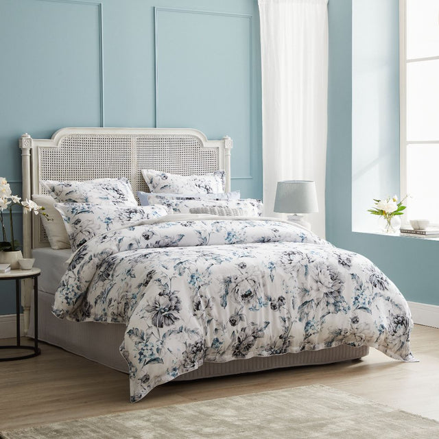 King duvet cover set in Salsbury Grey featuring watercolor prints, cotton sateen fabric, and elegant cord piping details.