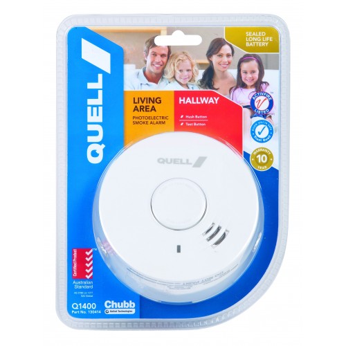 Quell Photo 10-Year Smoke Alarm with Hush Button, designed for effective smoke detection in Australian homes.