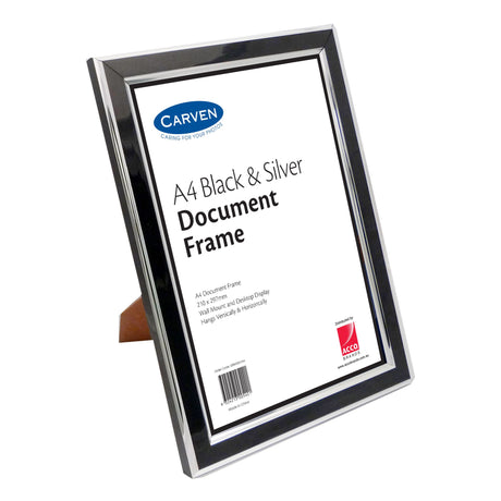 Elegant Carven A4 document frame in black and silver, perfect for showcasing certificates and photos with protective glass overlay.