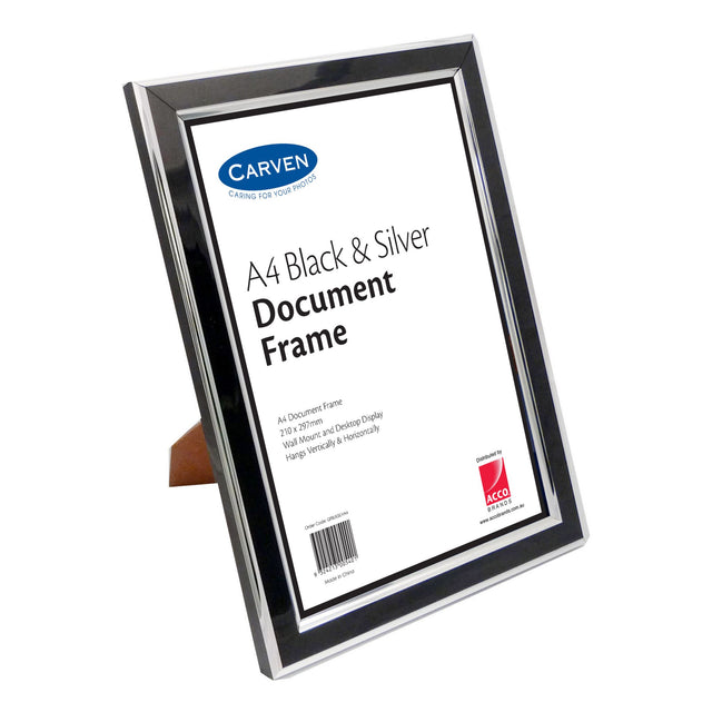 Elegant Carven A4 document frame in black and silver, perfect for showcasing certificates and photos with protective glass overlay.