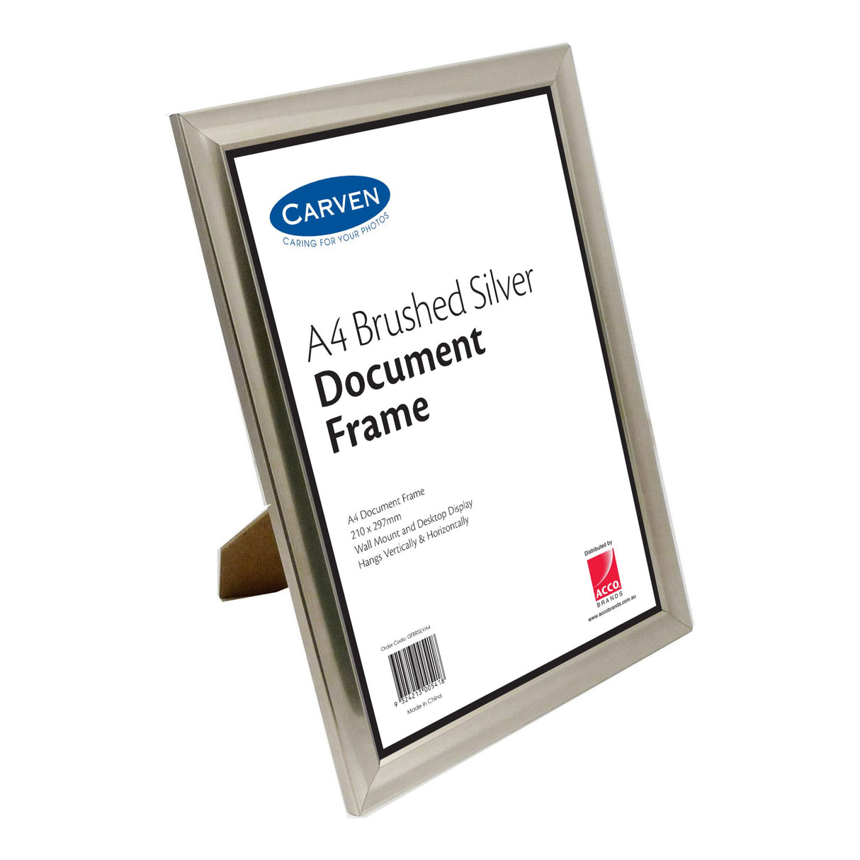 Brushed silver A4 document frame by Carven, perfect for certificates and photos, with glass overlay and sturdy MDF backing.