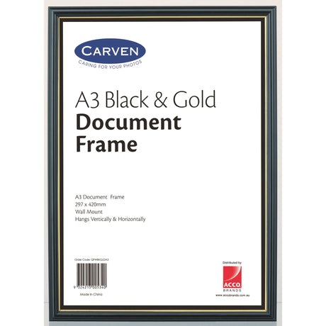 Carven A3 black/gold document frame with glass overlay and MDF backing, ideal for showcasing certificates and photos.