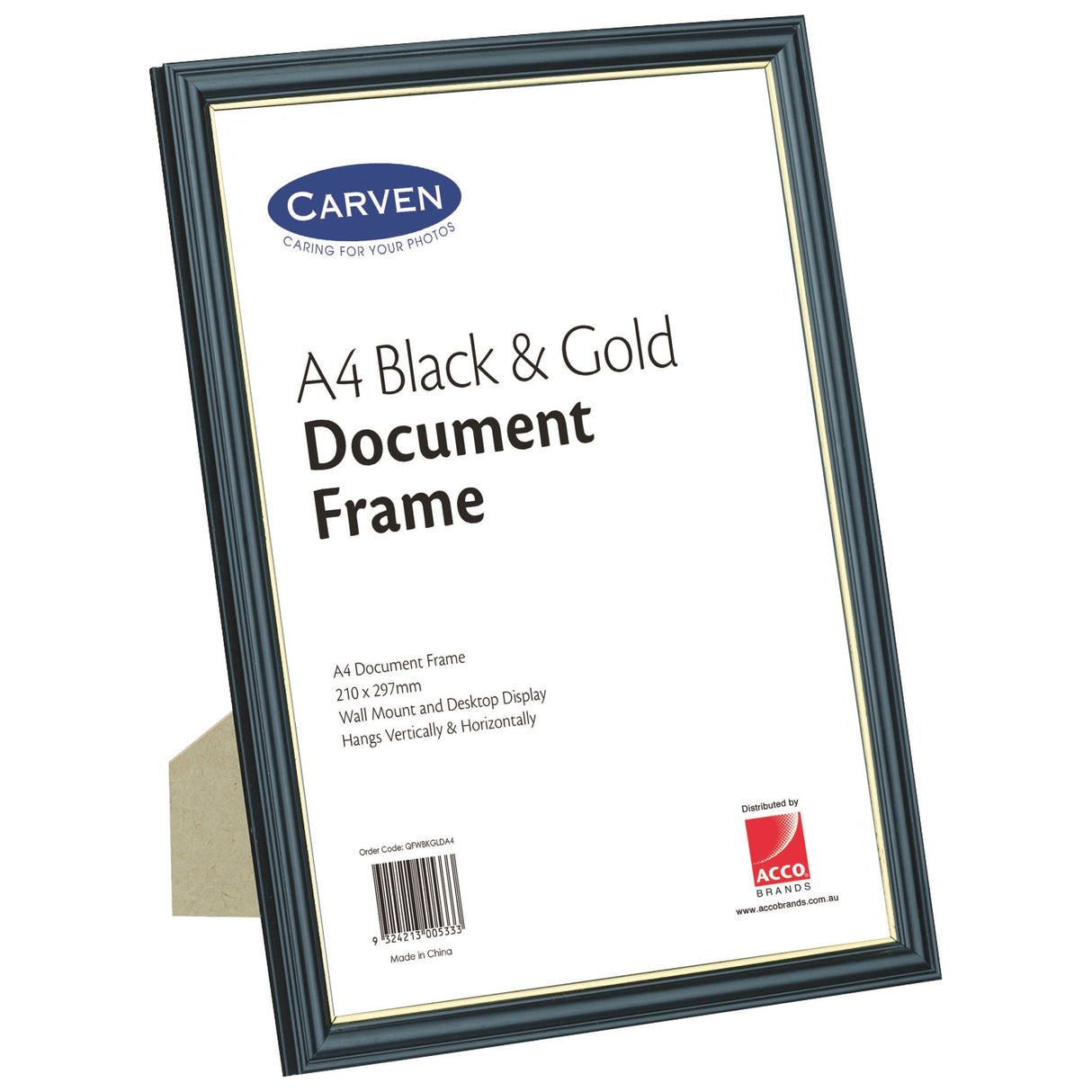 Elegant Carven Black/Gold Document Frame A4, perfect for showcasing certificates and photos with style.