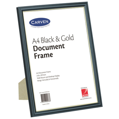 Elegant Carven Black/Gold Document Frame A4, perfect for showcasing certificates and photos with style.