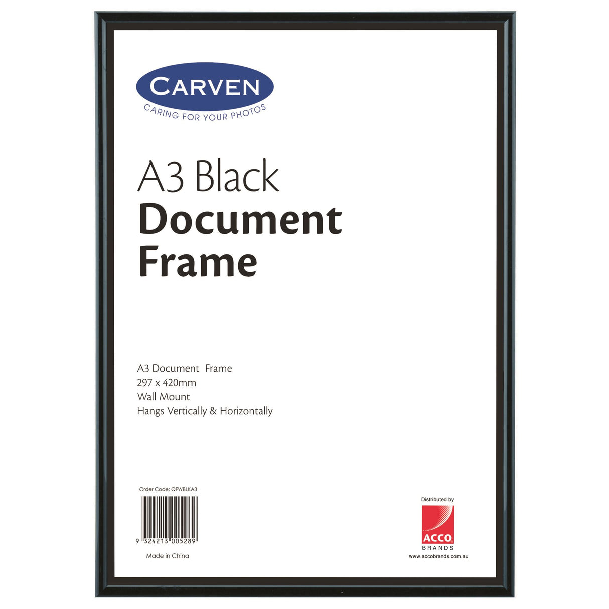 Carven Black A3 Document Frame with glass overlay, ideal for displaying certificates and photos in style.