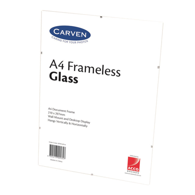 Frameless A4 glass document frame by Carven, perfect for showcasing certificates and photos with a modern design.