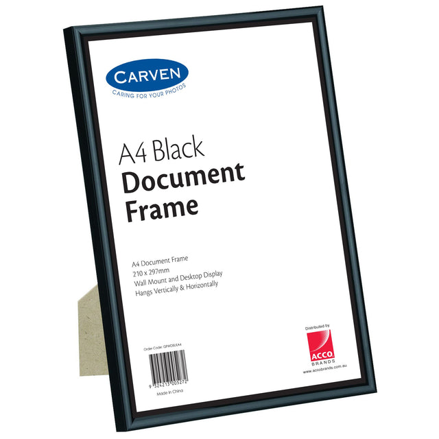 Carven Black A4 Document Frame, stylish and protective for certificates and photos, featuring glass overlay and sturdy MDF backing.