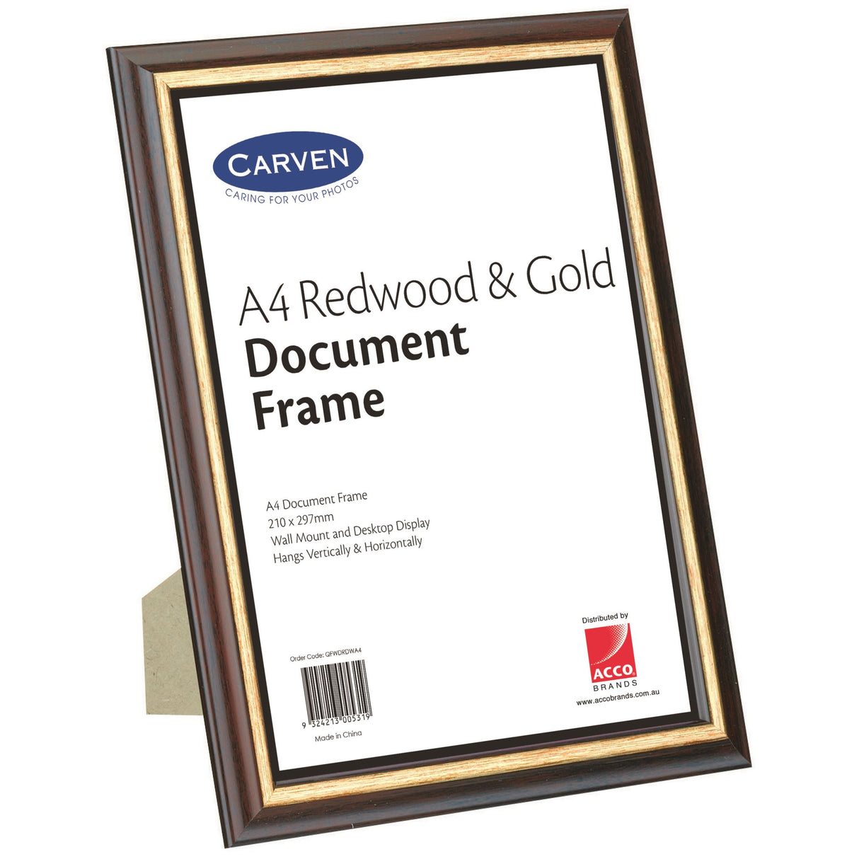 Elegant Carven A4 Document Frame in Redwood and Gold, perfect for showcasing certificates, awards, and photographs.