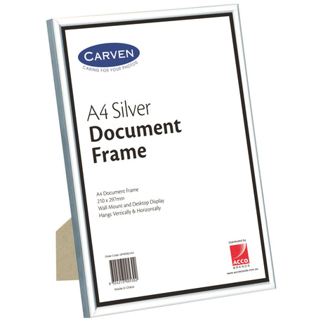 Elegant silver A4 document frame by Carven, perfect for showcasing certificates and photos with a stylish finish.