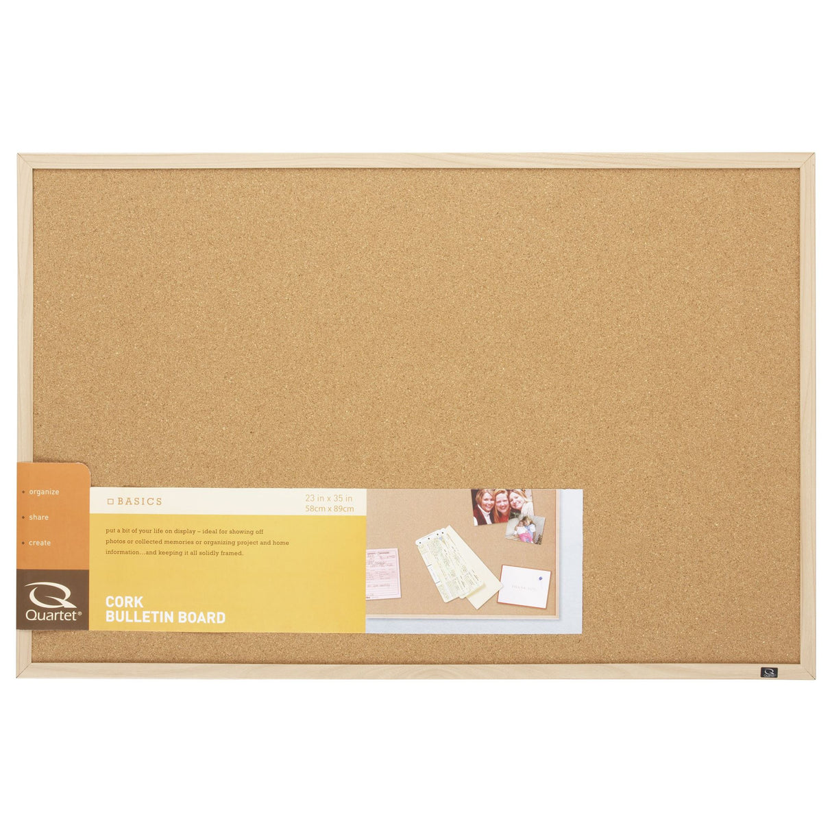 Quartet Oak Finish Corkboard 580x890mm with durable cork surface and elegant oak frame, ideal for organizing and displaying.