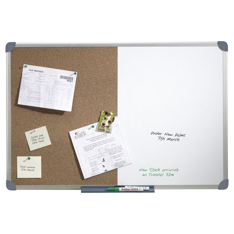 Quartet Penrite 900x600mm cork and whiteboard combo with sleek aluminium frame, perfect for organizing workspace effectively.