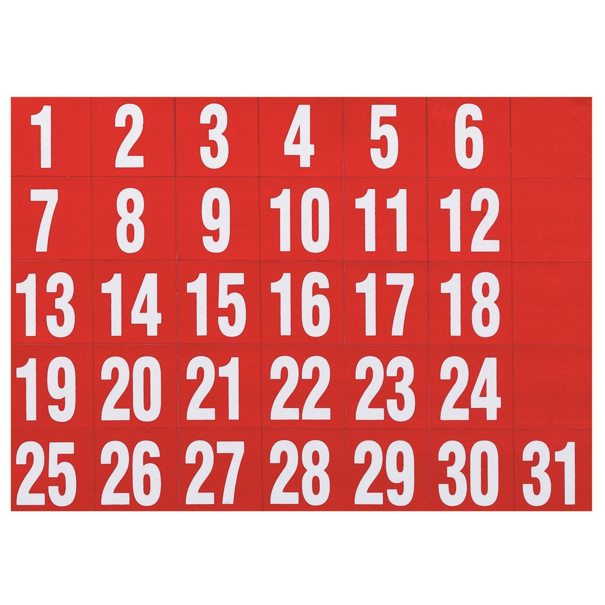 Red magnetic date markers set of 31, 25x30mm, designed for organizing schedules on Quartet whiteboards.