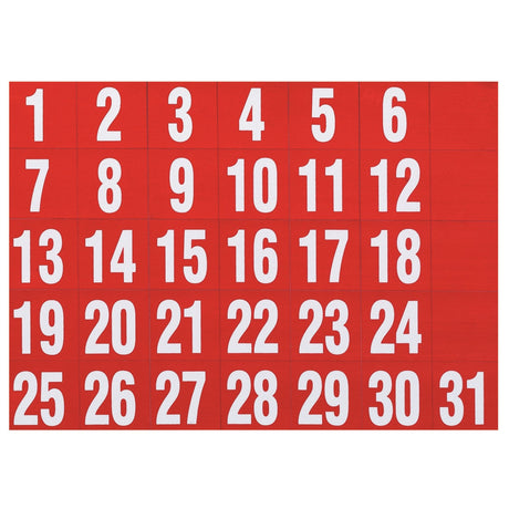 Red magnetic date markers set of 31, 25x30mm, designed for organizing schedules on Quartet whiteboards.