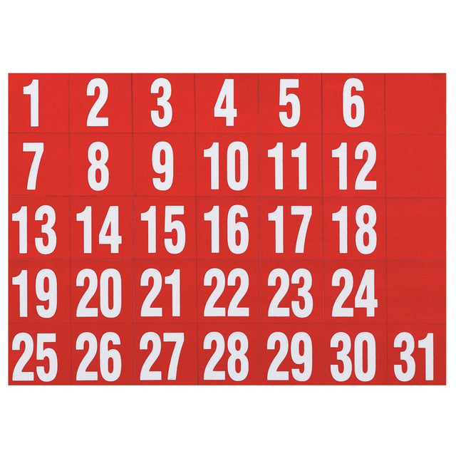 Red magnetic date markers set of 31, 25x30mm, designed for organizing schedules on Quartet whiteboards.