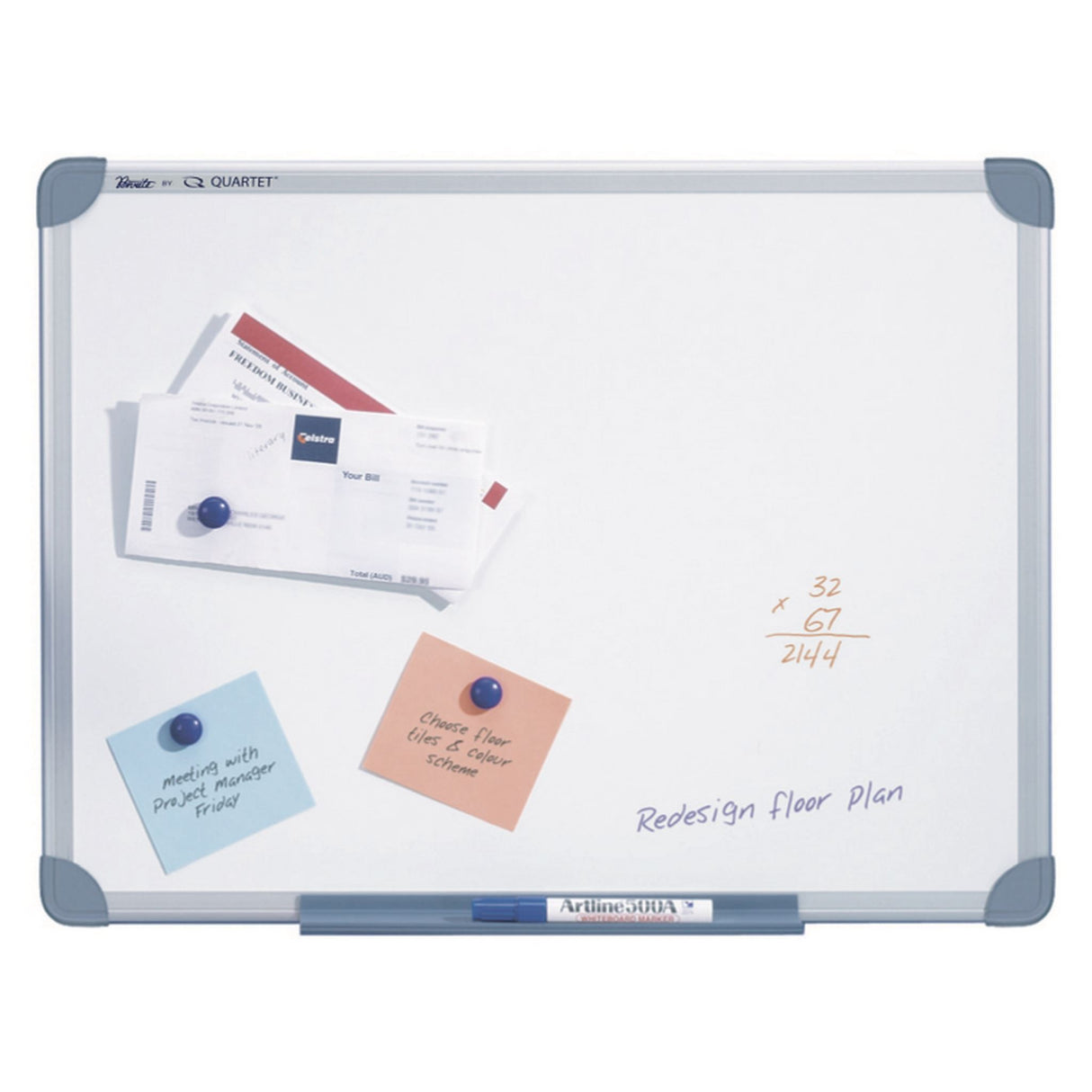 Sleek 450x600mm Quartet magnetic whiteboard with aluminium frame, ideal for effective communication and creativity.