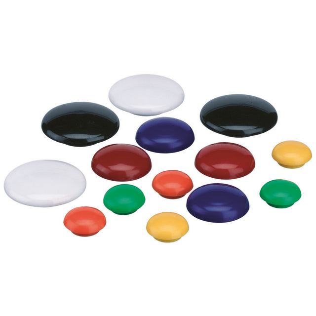 Sleek black 30mm magnetic buttons for secure document and photo display, perfect for offices and classrooms.