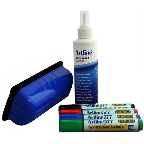 Artline Whiteboard Starter Kit with assorted markers, eraser, and cleaning fluid for vibrant presentations and creativity.