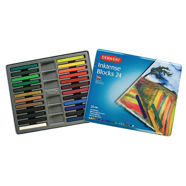 Derwent Inktense Block Tin 24 featuring versatile water-soluble blocks for vibrant, blendable colors and mixed media art.