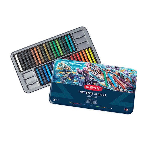 Derwent Inktense Block Tin 36 with 36 vibrant, water-soluble art blocks for versatile painting on various surfaces.