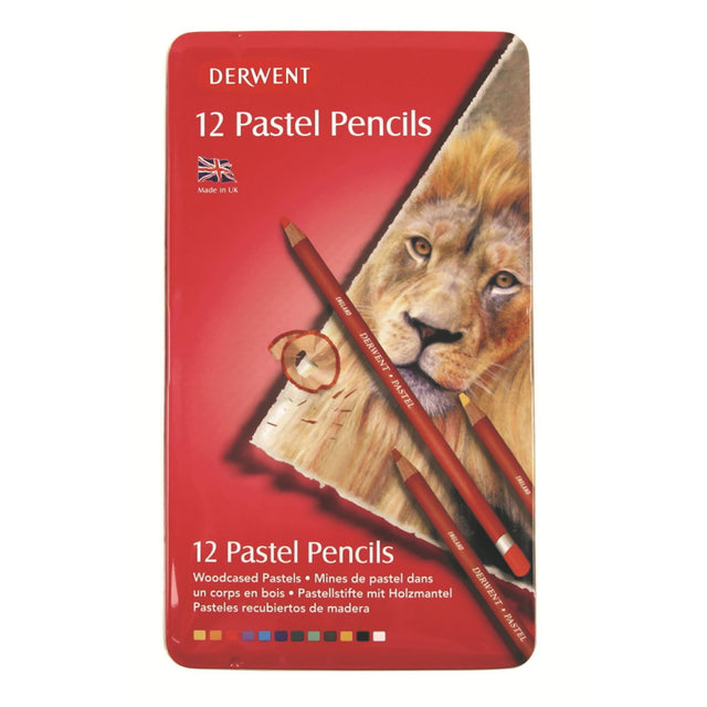 Derwent Pastel Pencils Tin 12 featuring 12 soft, water-soluble pastel strips in a durable round cedar barrel for versatile art creation.