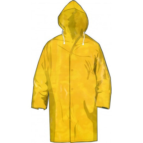 Lightweight yellow Truper raincoat made of PVC and polyester, featuring a breathable design and adjustable hood.