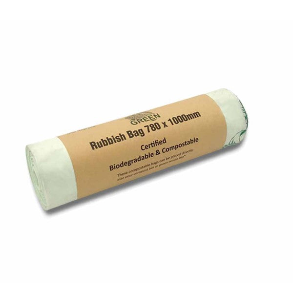 Eco-friendly biodegradable rubbish bags, 10 per roll, 780 x 1000mm, strong and compostable for sustainable waste management.