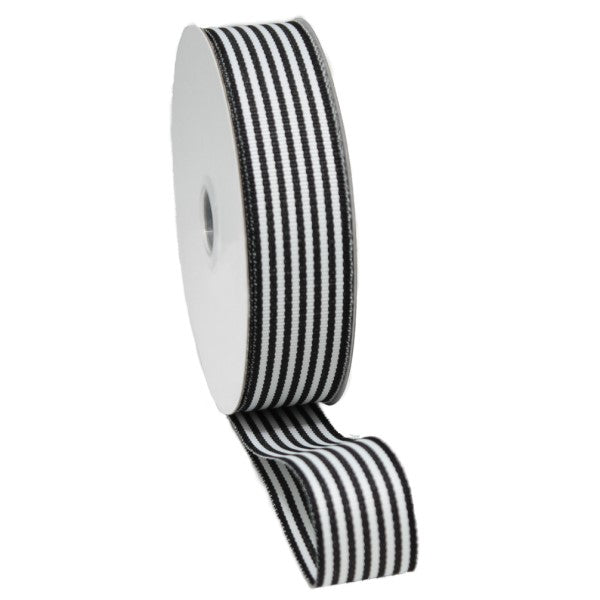 Woven edge black and white printed ribbon, 25mm wide and 20m long, perfect for crafts and decorations.
