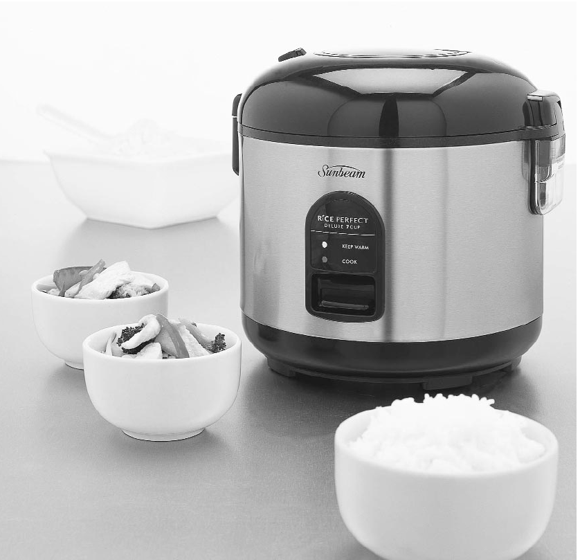 Sunbeam Rice Perfect Deluxe 7 Rice Cooker with 7-cup capacity, non-stick bowl, and automatic cooking for perfect rice.