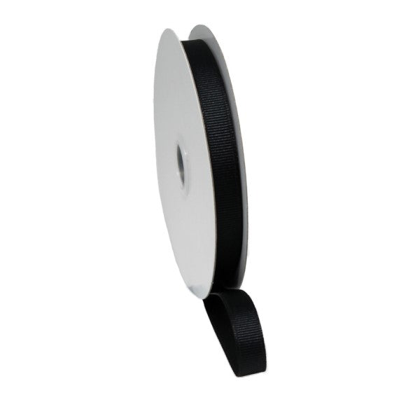 Black grosgrain ribbon with woven edges, 10mm wide and 20m long, ideal for gift wrapping and DIY projects.