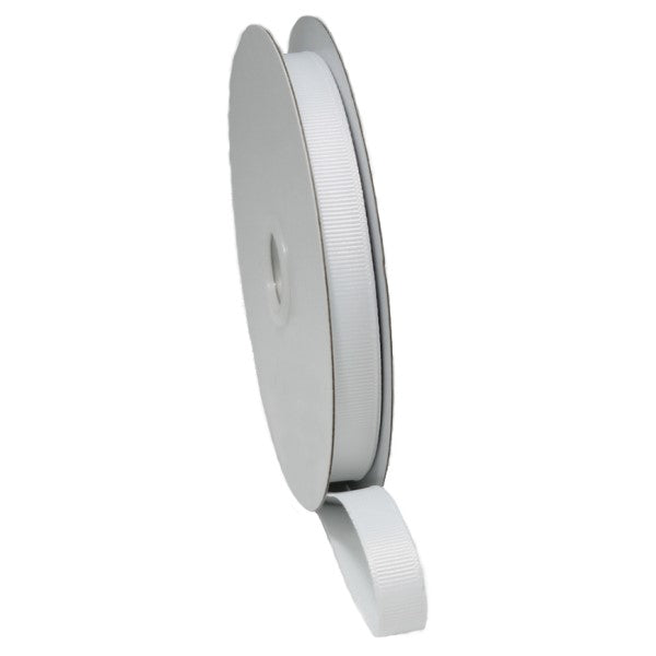 Elegant white grosgrain ribbon with woven edges, 10mm wide and 20m long, perfect for crafting and decorating.