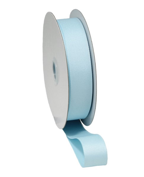Pale blue grosgrain ribbon with woven edges, 20mm wide and 20m long, perfect for crafting and decorating projects.
