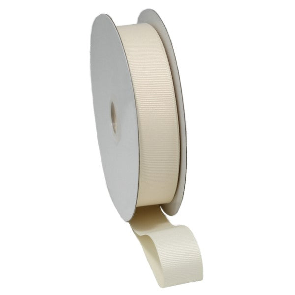 Elegant cream grosgrain ribbon with woven edges, perfect for gift wrapping and crafting, 38mm x 20m.