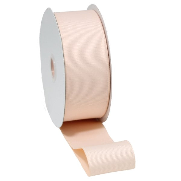 Peach grosgrain ribbon with woven edges, 38mm wide and 20m long, perfect for crafts and decorations.