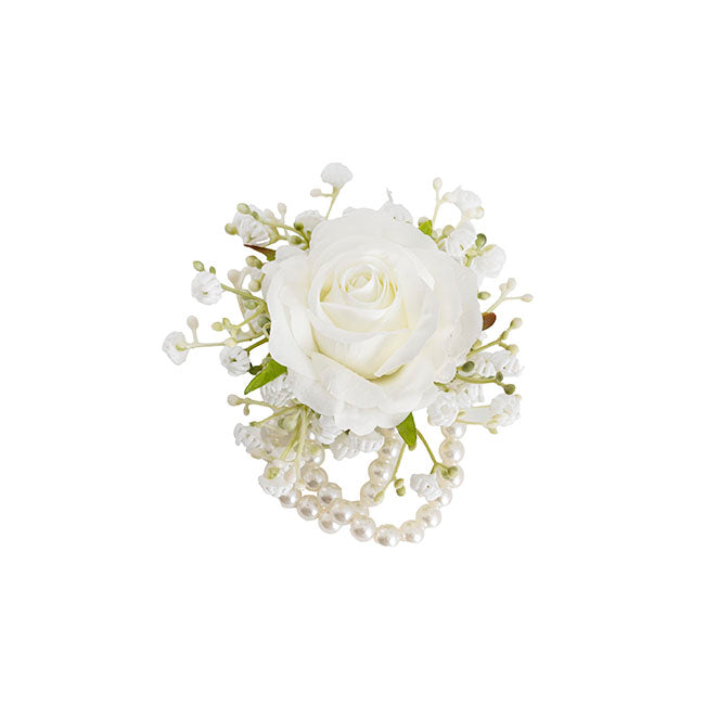 Artificial / Faux Flower - Rose & Baby's Breath Corsage Bracelet Pack 2 White