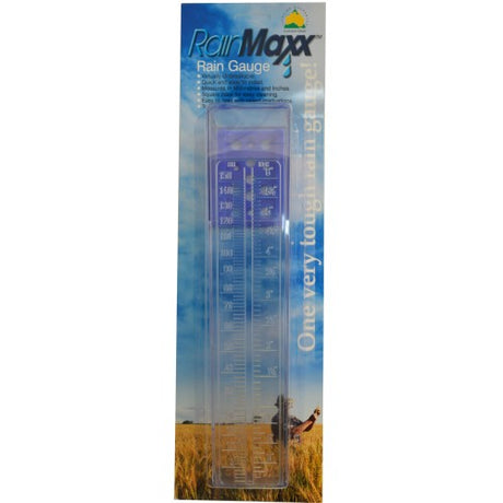 Durable Rain Gauge Fjord Plastic Std FRG150 measures rainfall up to 150mm, with clear readings in mm and inches.