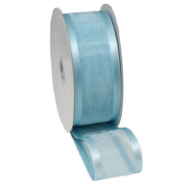 Pale blue satin edge organza ribbon, 38mm wide and 25m long, perfect for elegant bows and decorations.