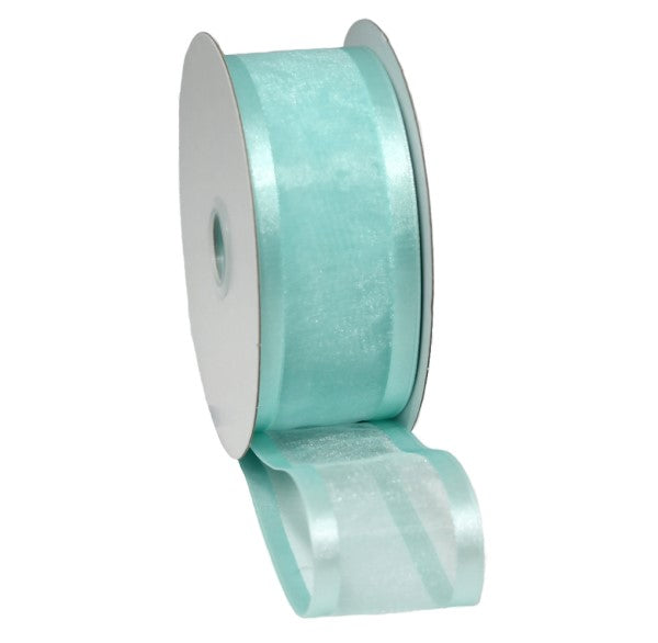 Satin edge organza ribbon in pale sea green, 38mm x 25m, perfect for elegant crafts and decorations.