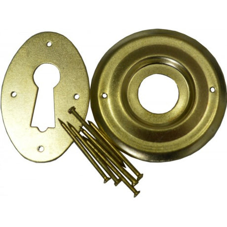 Brass-plated Rimlock escutcheon and rose set enhancing door security with elegant design, ideal for all door styles.