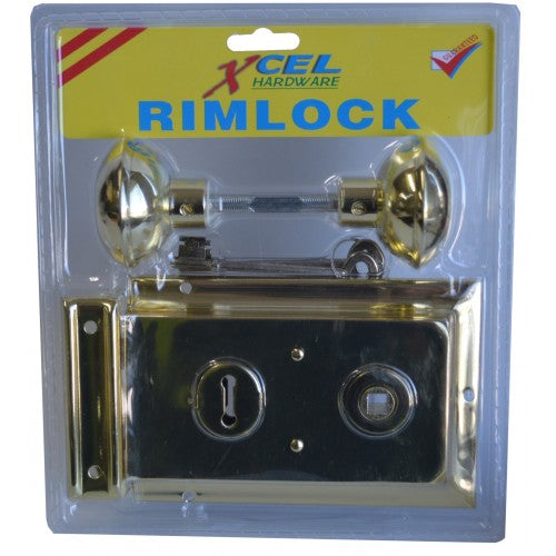 Brass-plated double handle rim lock for enhanced door security, complete with handles, escutcheon plates, and keys.