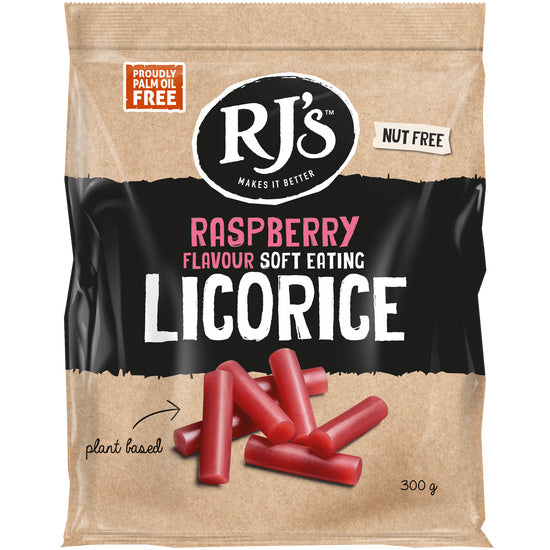 RJ's Raspberry Soft Eating Licorice 300g - Carton of 12