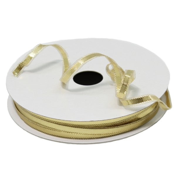 Gold metallic ribbon with woven edges, 5mm x 25m, perfect for gift wrapping and crafting projects.
